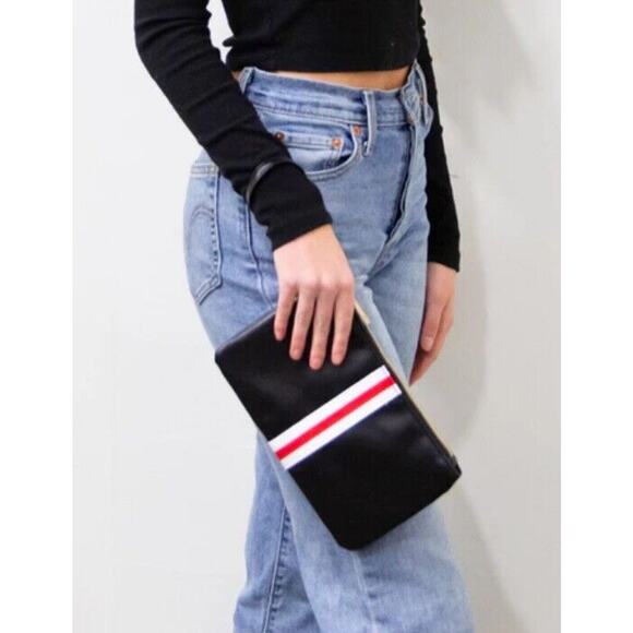 Wristlet Clutch Black Faux Leather Moto Stripe Funky Monkey Wallet Purse - Picture 1 of 4